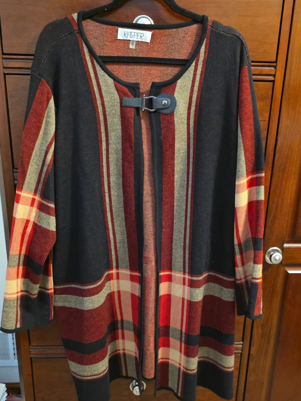 Kasper Striped Plaid Open Cardigan Sweater - Black, Red, Olive